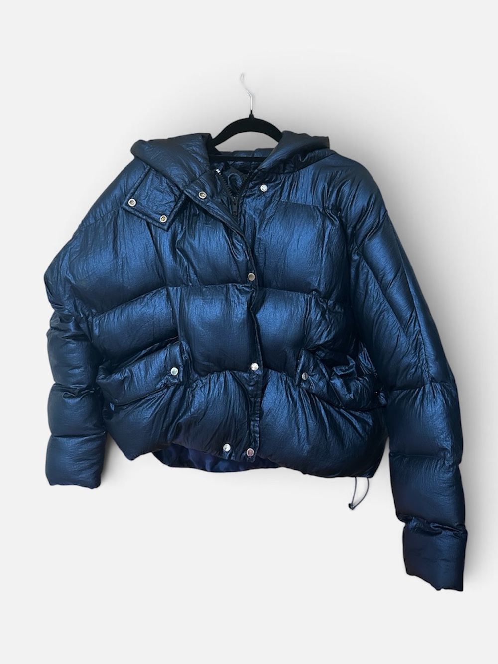 Boohoo Shiny Navy Quilted Puffer Jacket with Hood